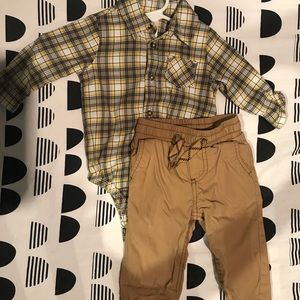 Plaid onesie with matching khaki pants